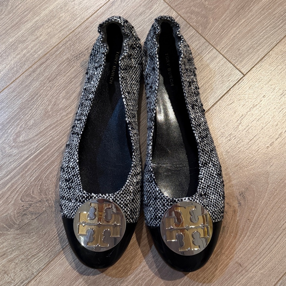 Tory Burch Black & White Tweed Logo Round-Toe Ballet Flats